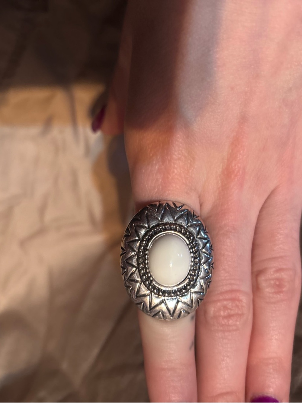 Sterling-Style Silver Stretch Statement Ring with White Cabochon